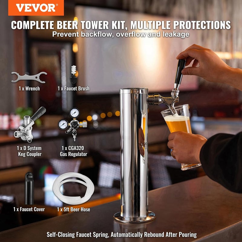 VEVOR Kegerator Tower Kit, Single Tap Beer Conversion Kit, Stainless Steel Keg Beer Tower Dispenser with Dual Gauge CGA320 Regulator & D-System Keg Coupler, Self-Closing Spring for Party Bar Home - Image 2